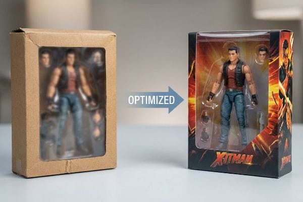 An optimized 'Xitman' action figure package with vibrant artwork and clear window displays the figure, contrasting with a blurred figure in a plain brown box, separated by an 'Optimized' arrow.