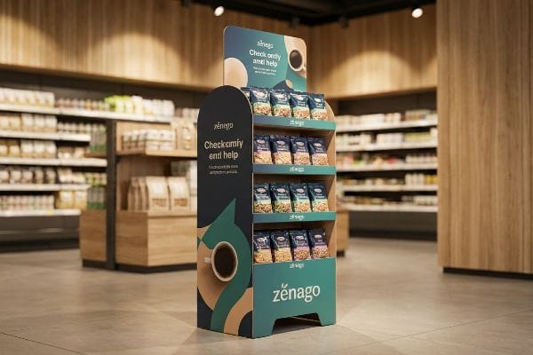 Zénago Displayständer Ein Werbeaufsteller von zénago mit dem Text „Check Only And Help“ und Kaffeetassenmotiven präsentiert verpackte Lebensmittel.