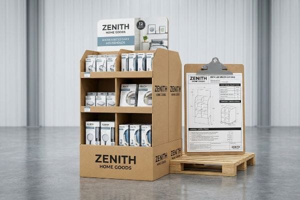 Spécifications des présentoirs de vente au détail Zenith Présentoir de vente au détail en carton ondulé pour Zenith Home Goods, présentant divers produits d'articles ménagers emballés et un bloc-notes avec les spécifications détaillées du détaillant sur une palette en bois.