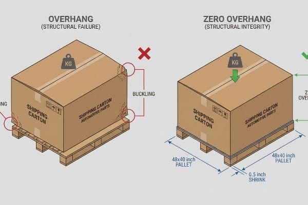 Pallet Overhang Comparison Overhang causes 'Automotive Parts' buckling. Zero Overhang (0.5-inch shrink) ensures structural integrity.