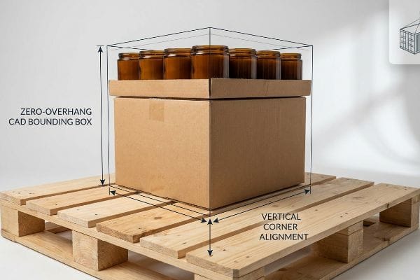 Zero-Overhang CAD Bounding Box and Vertical Corner Alignment shown on a cardboard box with amber glass jars on a wooden pallet.