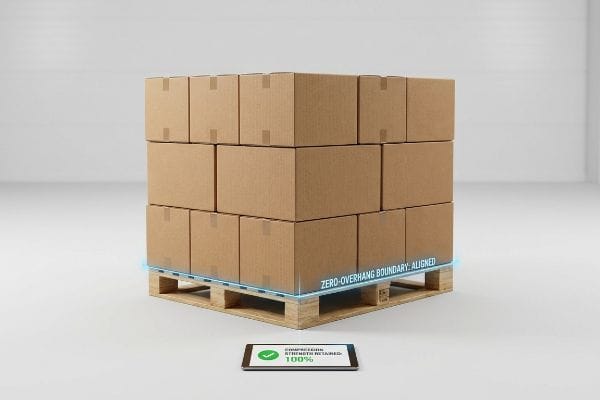 Pallet Zero Overhang Strength Palletized brown cardboard boxes with "Zero-Overhang Boundary: Aligned" and a tablet confirming "Compression Strength Retained: 100%".