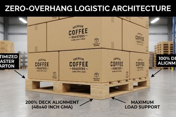 Zero-Overhang Pallet Architecture Brown corrugated Premium Coffee Roasters master cartons on a 48x40 inch GMA pallet, showing Zero-Overhang Logistic Architecture.