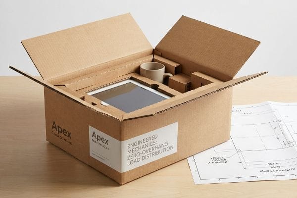 Apex Engineered Packaging Corrugated Apex e-commerce packaging box with custom inserts, a tablet, and mug, detailing Engineered Mechanics: Zero-Overhang Load Distribution.