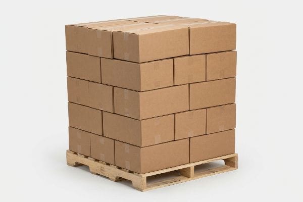 Brown corrugated cardboard boxes stacked on a wooden shipping pallet, illustrating zero-overhang for optimal freight density and pallet alignment.