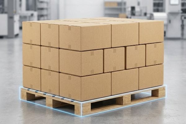 Zero-Overhang Pallet Boxes Brown cardboard shipping boxes stacked perfectly on a wooden pallet with a blue zero-overhang boundary in a warehouse.