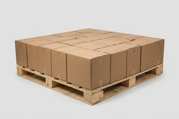 Optimized Shipping Pallet Brown cardboard boxes neatly stacked on a wooden shipping pallet, demonstrating zero-overhang for optimized logistics.
