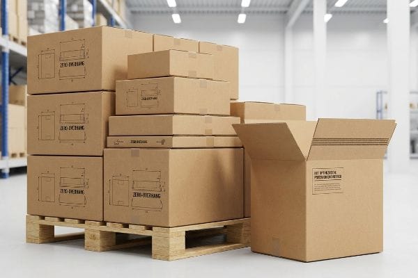 Brown corrugated cardboard boxes with Zero-Overhang labels stacked on a wooden pallet in a warehouse, demonstrating proper carton dimensions.