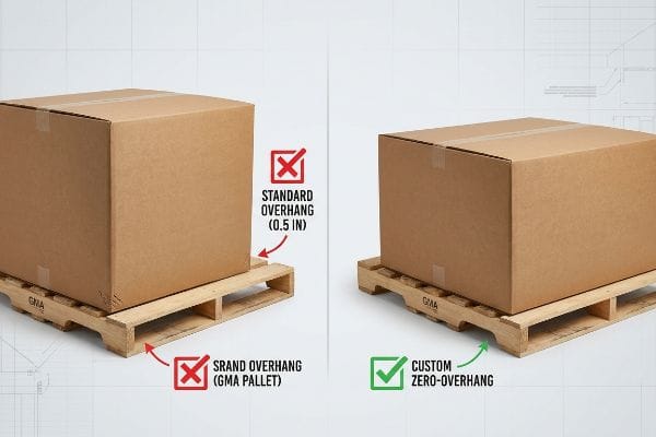 Brown corrugated boxes on GMA pallets, comparing a Standard Overhang (0.5 In) and Srand Overhang (GMA Pallet) with a Custom Zero-Overhang.