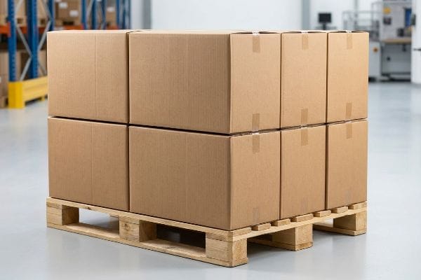 Brown master cartons on wooden GMA pallet, perfectly aligned with zero-overhang geometry for optimal compression.