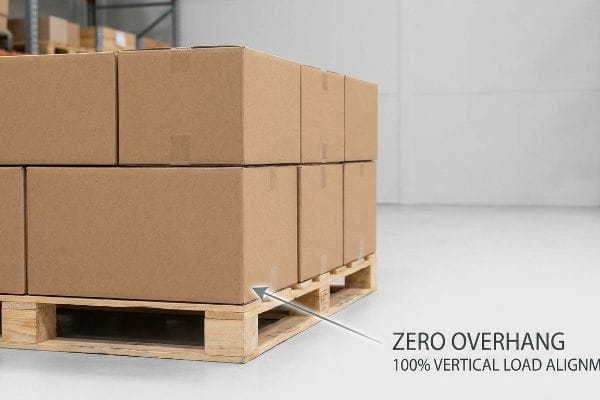 Brown corrugated boxes on a wooden pallet demonstrating Zero Overhang and 100% Vertical Load Alignment for optimal shipping strength.