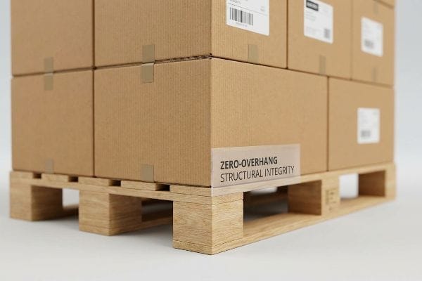 Cajas de cartón corrugado marrón apiladas sin que sobresalgan sobre un palé de madera, lo que garantiza una "integridad estructural sin voladizos"