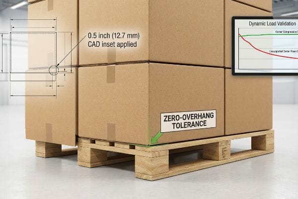 Brown cardboard boxes stacked on a wooden pallet with a 0.5 inch (12.7 mm) CAD inset applied, demonstrating Zero-Overhang Tolerance for optimal corner compression. A Dynamic Load Validation graph is visible.