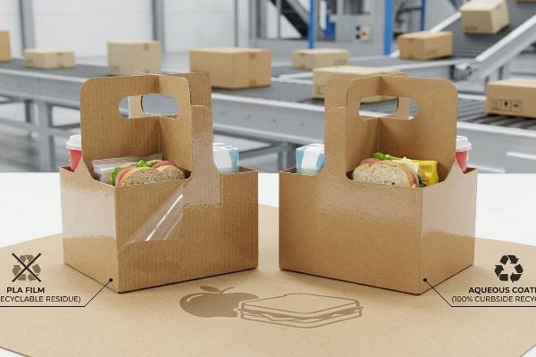 Embalagens de cartão canelado castanho para alimentos, uma com filme PLA (resíduo reciclável) e outra com revestimento aquoso (100% reciclável na recolha seletiva), para acomodar sandes e bebidas.