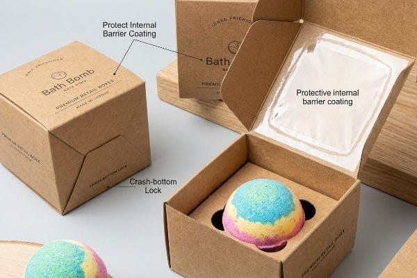 バスボムのパッケージの特徴 クラフト紙製のバスボム包装は、保護用の内側バリアコーティングと、高級感のある小売用ボックスのための底部のロック機構を備えています。.