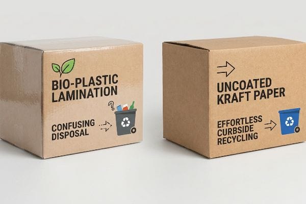 包装材のリサイクル比較 バイオプラスチックでラミネート加工された箱は、廃棄方法が分かりにくい。一方、コーティングされていないクラフト紙の箱は、路肩でのリサイクルが容易である。.