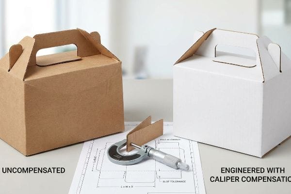 A caixa de empena castanha não compensada contrasta com a caixa de empena branca concebida com compensação de calibre, apresentando um micrómetro para medir o cartão numa linha de corte com margem de dobra.