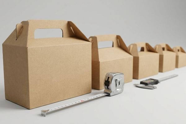 段ボール製ゲーブルボックスのサイズ 茶色の段ボール製の三角箱をサイズの小さい順に並べ、その横に巻尺とデジタルノギスを添えることで、正確な梱包寸法を強調している。.