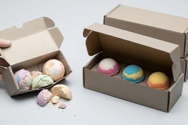 段ボール製のバスボムボックス 段ボール製のEフルート箱にカラフルなバスボムが詰められている。一つは開封されて破片が飛び散っているが、もう一つには3つが無傷で入っている。.