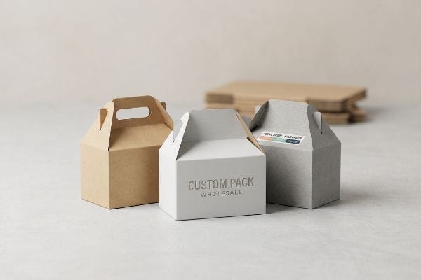 Três caixas de cartão personalizadas: castanhas, brancas com a inscrição "Custom Pack Wholesale" e cinzentas com a etiqueta "Retail Design - Bulk Order".