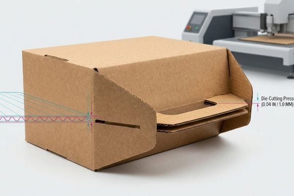 型抜き圧力精度 持ち手付きの茶色の段ボール箱。最適な折り目を作るために0.04インチ(1.0mm)の型抜き圧力と型抜き機を備えています。.