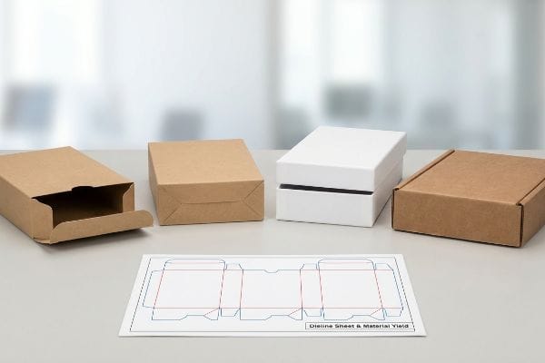 包装箱の種類 ダイライン ダイラインシートと材料歩留まり図、クラフト紙製の折りたたみ式カートン、および白い2ピース構造の硬質箱が、包装の種類を示しています。.