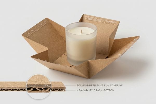 Caja de cartón con fondo reforzado de EVA Caja de cartón corrugado Kraft con fondo reforzado y adhesivo EVA resistente a los disolventes que sujeta una vela, resaltando la estructura del material.