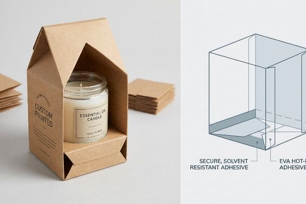 Autocolante para vela de caixa de empena Caixa de cartão kraft castanho personalizada com uma vela de óleo essencial, ao lado de um diagrama que detalha o adesivo termofusível EVA seguro e resistente a solventes.