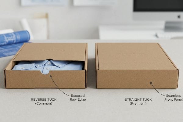 高級アパレル製品のパッケージング向けに、切りっぱなしの端が露出したリバースタックと、継ぎ目のない前面パネルを備えたストレートタックを比較した茶色のクラフト段ボール箱。.