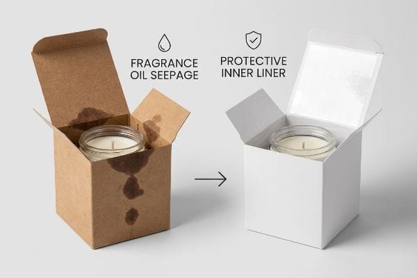 香料オイルの漏れを防ぎます 香料オイルの染みで汚れた茶色のクラフト箱と、保護用の内張りが付いた清潔な白い箱を比較した。どちらの箱にもガラス製のキャンドルが入っている。.