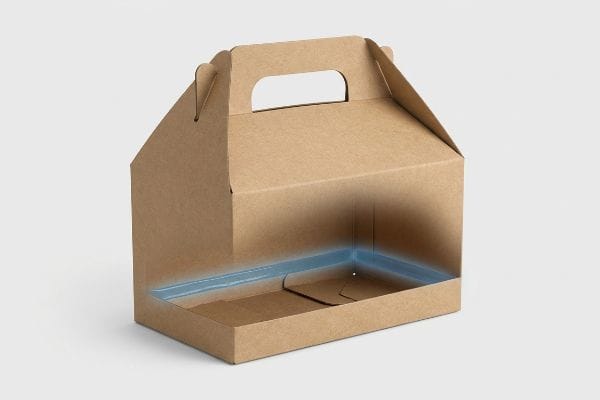 取っ手付きのクラフト紙製ゲーブルボックス。底面は青色で強調表示され、内部構造が見えるようになっている。.