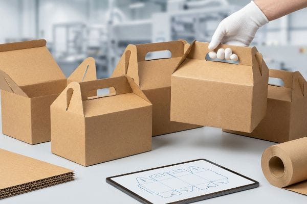 Uma mão enluvada segura uma caixa de cartão kraft castanho, com a planta da embalagem e folhas de cartão canelado, numa fábrica.