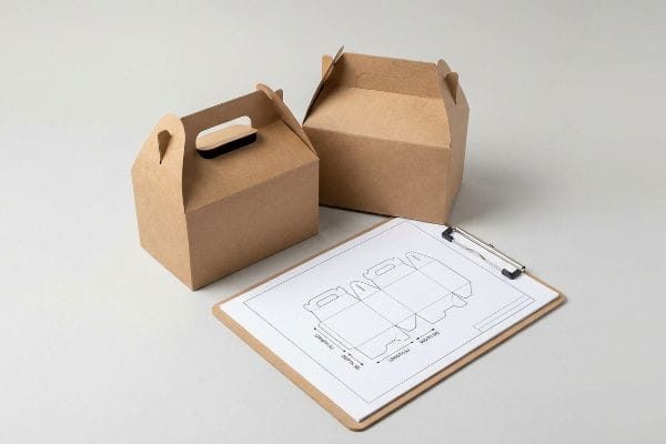 ゲーブルボックスのダイライン仕様 クラフト紙製のゲーブルボックスと、クリップボードに挟まれた型抜き線。型抜き線には、カスタムパッケージング用の長さ、奥行き、幅の寸法が詳細に記載されている。.