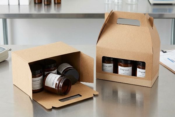 Caixas de cartão kraft, uma aberta com frascos de vidro âmbar contendo óleos essenciais, a outra exibindo fragrâncias e óleos essenciais através da sua janela.