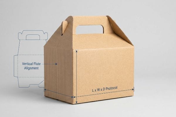 取っ手付きのクラフト段ボール製ゲーブルボックス。長さ×幅×奥行きのプロトコル寸法と、最適な耐圧性を実現するための垂直フルート配置を示しています。.