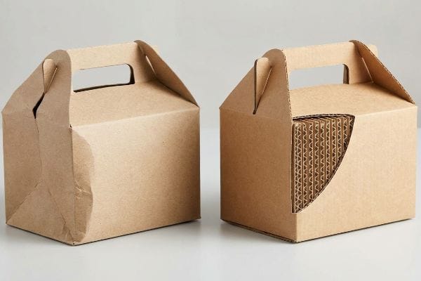 Caixas de cartão canelado castanho com perfil em E, uma delas revelando a sua estrutura interna micro-ondulada através de um recorte lateral, ideal para embalagens robustas.