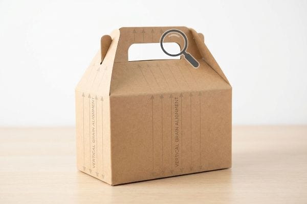 Caixa de cartão castanho com pega, apresentando um ícone de lupa e a inscrição "Alinhamento Vertical da Fibra" indicando integridade estrutural.