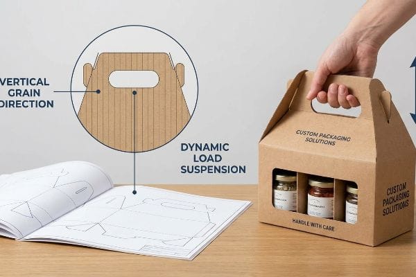 Resistência da pega da caixa de empena Caixa de papel kraft com potes, destacando "Soluções de Embalagem Personalizadas" e um diagrama da Direção Vertical da Fibra para Suspensão Dinâmica da Carga na pega.