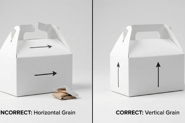 As caixas brancas com empena ilustram a direção da fibra do papel: Fibra horizontal incorreta com uma pega rasgada versus fibra vertical correta com uma pega intacta.