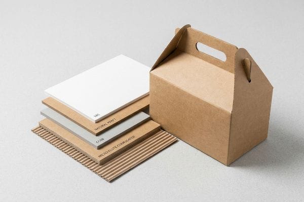 Uma caixa de cartão kraft castanho natural está ao lado de uma pilha de amostras de papel, incluindo SBS, Kraft Natural, CCNB e Cartão Ondulado Micro-Flute, sobre uma superfície cinzenta clara.