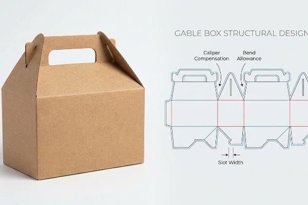 切妻ボックス構造設計 茶色のクラフト紙製ゲーブルボックスとその構造設計ダイライン。最適な組み立てのために、キャリパー補正、曲げ代、スロット幅が詳細に示されている。.