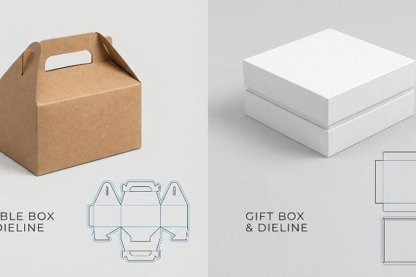 Moldes para caixa de oferta Gable Caixa de cartão canelado castanho com pega e a sua respetiva linha de corte, ao lado de uma caixa de oferta branca de duas peças e a sua respetiva linha de corte.