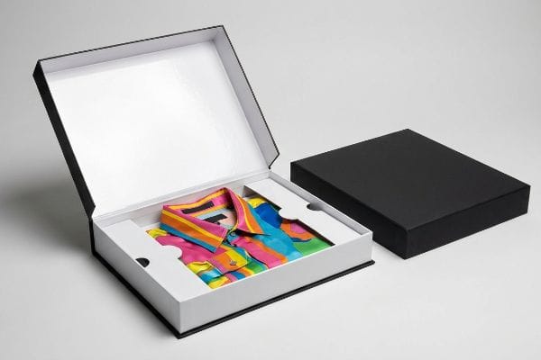 プレミアムシャツギフトボックス 光沢のある白い内張りと型抜きされたインサートが黒いギフトボックスに収められ、鮮やかなマルチカラーのシャツが収められています。.