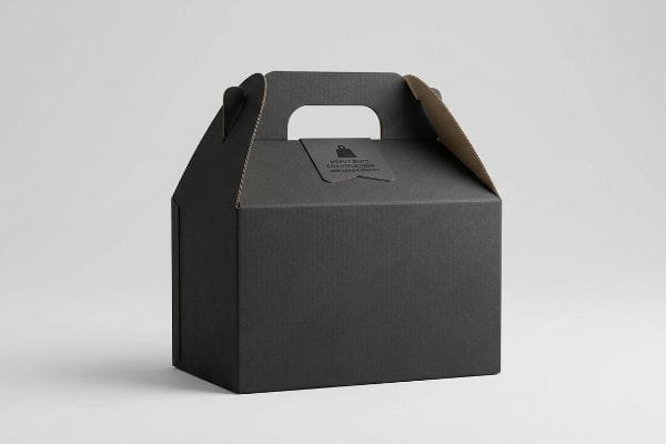 頑丈な取っ手が付いた黒色の特注ゲーブルボックス。上部のラベルには「耐荷重性に優れた頑丈な構造」と強調されている。.
