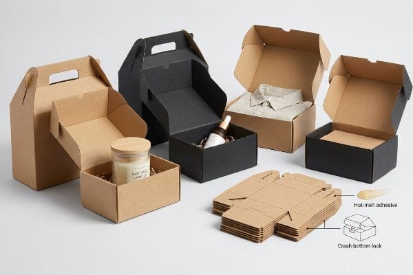 茶色のクラフト紙とマットブラックのゲーブルボックスとメール便用ボックス、ソイワックスキャンドル、スポイトボトル、シャツ、平らに折りたたんだ箱、ホットメルト接着剤、底が潰れるタイプのロック。.
