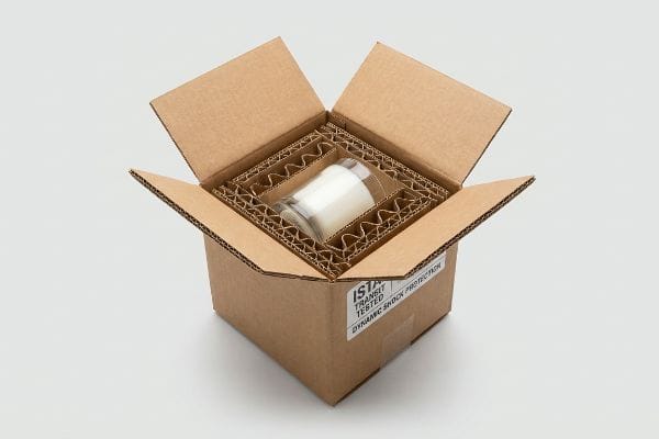 Envase de vela con certificación ISTA Caja de cartón corrugado marrón abierta, que deja ver una vela blanca en un recipiente de vidrio protegido por insertos de protección dinámica contra golpes ISTA Transit Tested.