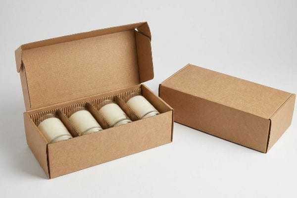 茶色のクラフト紙製のキャンドルボックスに、波型の仕切りで区切られた4つのガラス瓶キャンドルが収められており、その隣には閉じられた輸送用カートンが置かれている。.