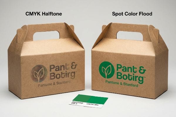 クラフト紙印刷の比較 ナチュラルクラフト紙製のゲーブルボックスは、Pant & Botirg社向けにCMYKハーフトーン印刷とスポットカラー全面印刷を施したものです。パントン356CとCMYKミックスグリーンの見本カードが示されています。.