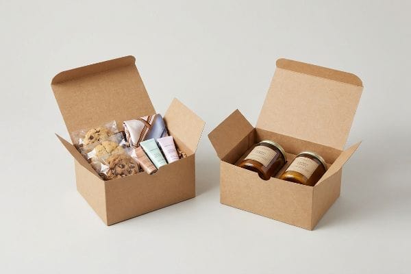 As caixas de cartão kraft em forma de gable contêm bolachas, cosméticos em tons pastel, um lenço estampado e dois frascos de caramelo.