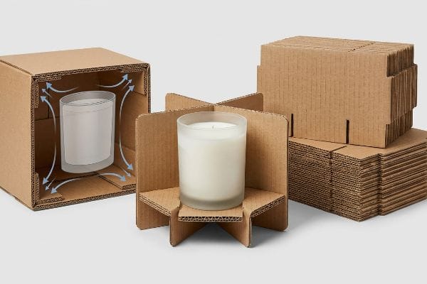 マイクロフルートキャンドルパッケージ 段ボール製のキャンドル包装:ガラス瓶は箱の中で緩衝材で保護され、マイクロフルートサスペンション、平らに梱包されたインサートが使用されています。.